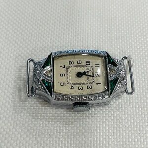 Antique 14k Ladies Art Deco Miss Liberty Emerald Bulova Watch With Diamond